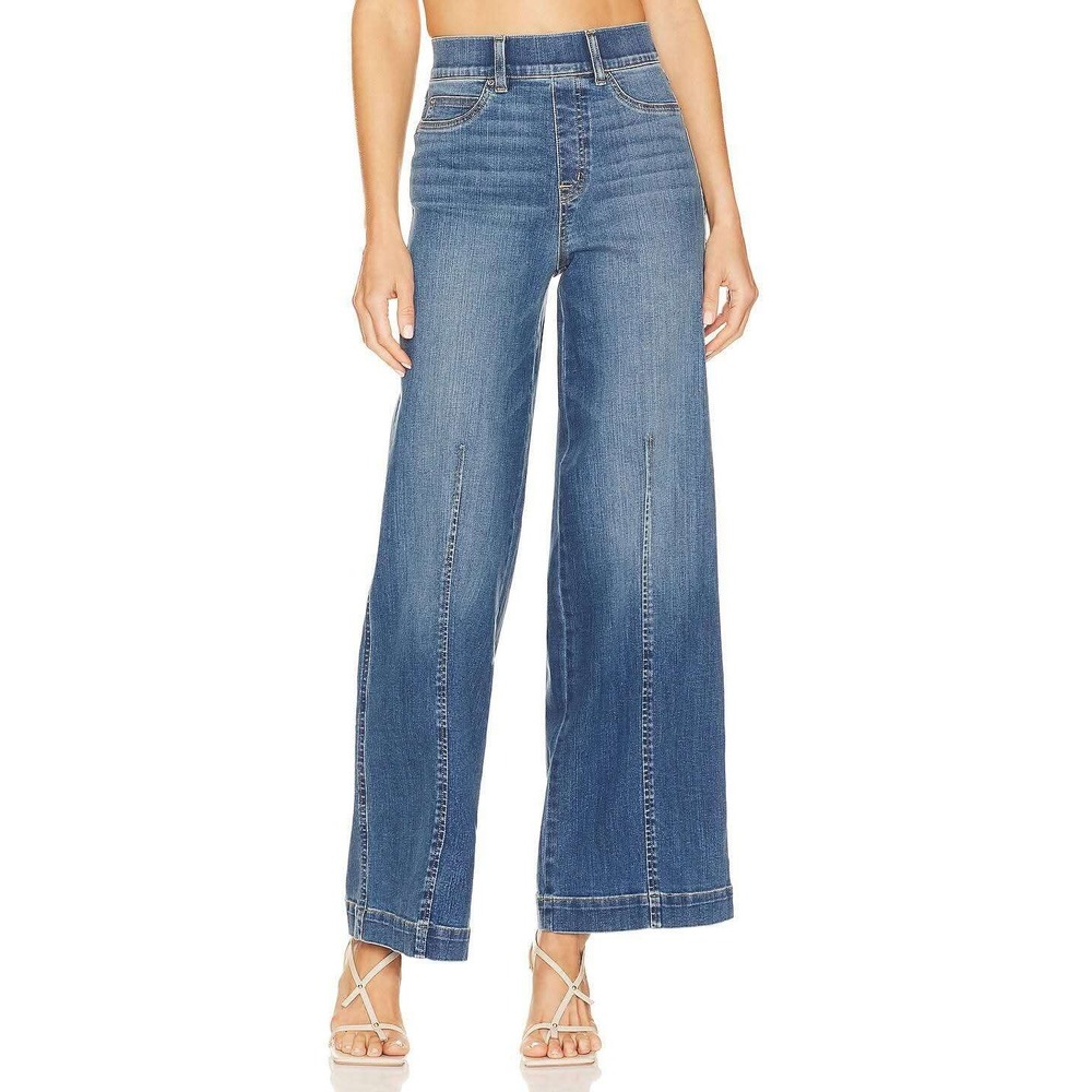 Spanx Wide Leg Jeans Womens XS Blue High Waiste Pull On Flare Stretch Front Seam